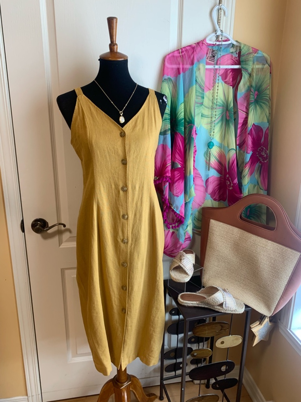 Mustard Button-Front linen blend Midi Dress